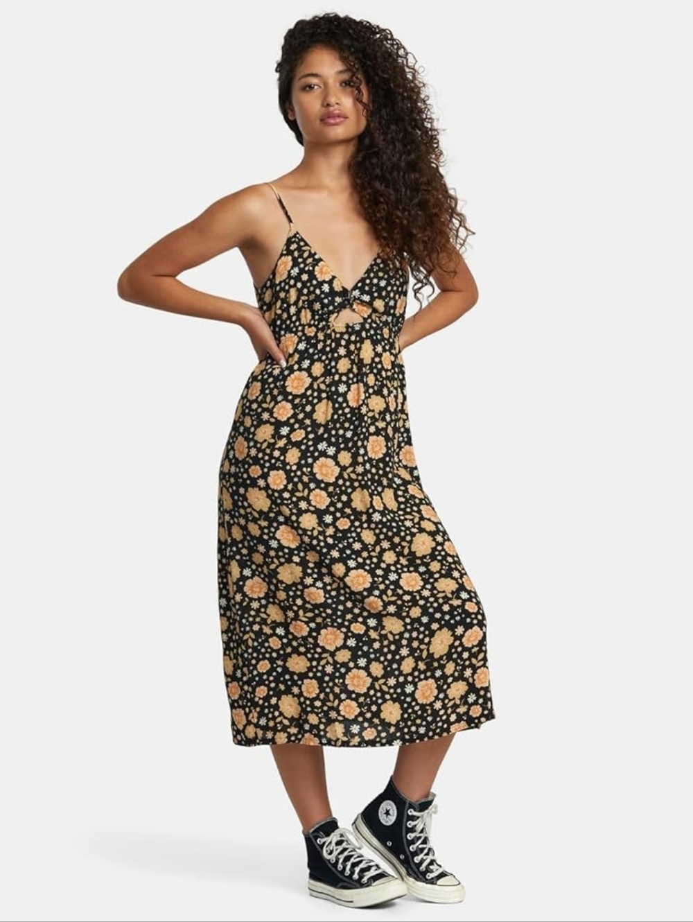 Floral Cutout Black Midi Dress with Peach Blooms Size XS